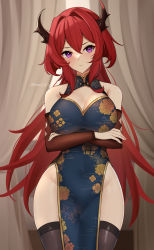 Rule 34 | 1girl, alternate costume, arknights, artist name, bare shoulders, black thighhighs, blue dress, blush, breasts, china dress, chinese clothes, cleavage, cleavage cutout, closed mouth, clothing cutout, commentary, covered navel, cowboy shot, crossed arms, curtains, detached sleeves, dress, english commentary, floral print, highres, horns, indoors, large breasts, long hair, long sleeves, looking at viewer, nassss, pelvic curtain, print dress, purple eyes, red hair, solo, surtr (arknights), thighhighs, twitter username, v-shaped eyebrows, very long hair