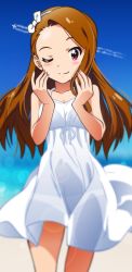 Rule 34 | 1girl, ;), absurdres, akizuki ritchan, beach, blue sky, blurry, blurry background, breasts, brown hair, collarbone, day, dress, floating hair, highres, idolmaster, idolmaster (classic), lens flare, long hair, minase iori, one eye closed, panties, red eyes, see-through silhouette, short dress, sky, sleeveless, sleeveless dress, small breasts, smile, solo, standing, sundress, underwear, very long hair, white dress, white panties
