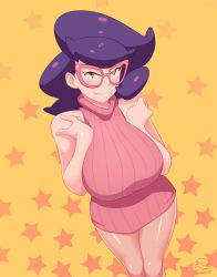 Rule 34 | 1girl, blush, breasts, creatures (company), fidelio, game freak, glasses, green eyes, huge breasts, long hair, looking at viewer, nintendo, partially undressed, pokemon, pokemon sm, purple hair, smile, solo, undressing, wicke (pokemon)