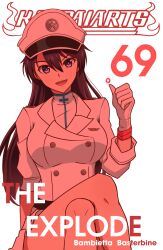 Rule 34 | 1girl, absurdres, artist name, bambietta basterbine, black hair, bleach, bleach: sennen kessen-hen, blue eyes, breasts, character name, cover, cover page, crossed legs, energy ball, eyelashes, gloves, hair between eyes, hat, heart, high collar, highres, jacket, ken-pai (kenpai arts), kubo tite (style), large breasts, long hair, long sleeves, looking at viewer, manga cover, military, military hat, military uniform, miniskirt, open mouth, peaked cap, simple background, sitting, skirt, smile, solo, teeth, thighs, uniform, upper teeth only, v-shaped eyebrows, white background, white gloves, white hat, white jacket