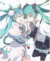 Rule 34 | 1girl, 2girls, aqua eyes, aqua hair, capelet, closed eyes, face-to-face, hair ribbon, hairband, hatsune miku, highres, interlocked fingers, leg up, lily of the valley, long hair, multiple girls, multiple persona, one eye closed, ribbon, skirt, smile, snowflake print, tomato (lsj44867), twintails, vocaloid, winter clothes