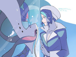 Rule 34 | 1boy, air bubble, bubble, closed mouth, collarbone, commentary request, creatures (company), eye contact, game freak, gen 3 pokemon, glass, green eyes, green hair, hat, long sleeves, looking at another, male focus, milotic, nibo (att 130), nintendo, pokemon, pokemon (creature), pokemon rse, short hair, smile, translation request, wallace (pokemon), white headwear