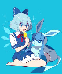 Rule 34 | 1girl, 1other, absurdres, blue bow, blue dress, blue eyes, blue hair, blurry, blurry background, blush, bow, cirno, creatures (company), crossover, dress, fairy, food, game freak, hair bow, highres, holding, holding food, holding popsicle, ice, ice wings, kneeling, nintendo, open mouth, pokemon, popsicle, power connection, shocho (shaojiujiu), short hair, touhou, wings