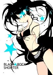 Rule 34 | 1girl, ayuyu (baby), belt, black bra, black hair, black nails, black rock shooter, black rock shooter (character), bra, breasts, cleavage, copyright name, glowing, glowing eyes, medium breasts, nail polish, parted lips, scar, short shorts, shorts, solo, star (symbol), twintails, underwear, white background