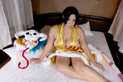 Rule 34 | 1girl, asian, black hair, blue eyes, boa hancock, boa hancock (cosplay), breasts, chouzuki maryou, cosplay, curvy, hip focus, large breasts, one piece, photo (medium), plump, solo, thick thighs, thighs, wide hips