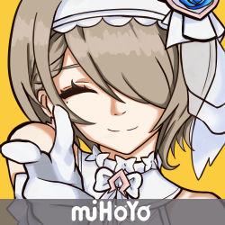 Rule 34 | 1girl, absurdres, bare shoulders, bridal veil, brown hair, close-up, closed eyes, closed mouth, company name, dress, gloves, hair over one eye, highres, honkai (series), honkai impact 3rd, index finger raised, mole, mole under eye, one eye closed, parody, pointing, pointing at viewer, portrait, rita rossweisse, rita rossweisse (artemis), short hair, simple background, smile, solo, starviish, veil, wedding dress, white dress, white gloves, yellow background