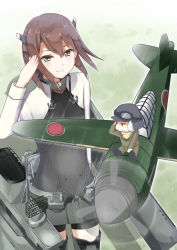 Rule 34 | 10s, 1boy, 1girl, a6m zero, aircraft, airplane, armor, bike shorts, blush, boots, bow (weapon), breastplate, brown eyes, brown hair, crossbow, flat chest, hat, headband, headgear, hibiki (pixiv231666), jacket, kantai collection, mini person, miniboy, pants, personification, pleated skirt, salute, short hair, shorts, shorts under skirt, skirt, smile, sui (tsuruhibiki), taihou (kancolle), thigh boots, thighhighs, vehicle focus, weapon