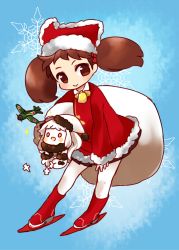 Rule 34 | + +, 10s, 2girls, :&gt;, :d, abyssal ship, aircraft, airplane, brown eyes, brown hair, carrying, chibi, dress, hat, highres, horns, kantai collection, kobone, long hair, looking at viewer, mittens, multiple girls, northern ocean princess, open mouth, pantyhose, ryuujou (kancolle), santa costume, santa hat, shikigami, smile, sparkle, thighhighs, twintails, white dress, white hair