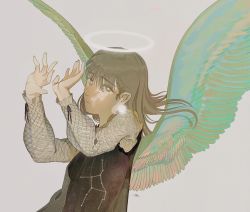 Rule 34 | 1girl, angel wings, bright pupils, brown eyes, brown hair, constellation, earrings, feathered wings, floating hair, grey background, halo, hands up, highres, jewelry, long sleeves, looking at viewer, original, signature, simple background, solo, toktin zq, virgo (constellation), white pupils, wings