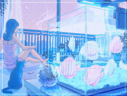 Rule 34 | 1girl, black cat, blue hair, camisole, cat, fish tank, leaf, limited palette, long hair, original, pink sky, plant, potted plant, reflection, shadow, shorts, sitting, sky, smoke, solo, striped camisole, striped clothes, striped shorts, tropical fish, wacca005