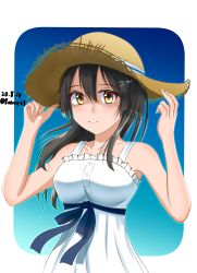 Rule 34 | 1girl, bare shoulders, black hair, blush, breasts, commentary, dated, dress, green eyes, hachiware (8ware63), hair ornament, hairclip, hat, highres, kantai collection, long hair, looking at viewer, medium breasts, one-hour drawing challenge, open mouth, oyashio (kancolle), sleeveless, solo, straw hat, teeth, twitter username, upper body, white dress