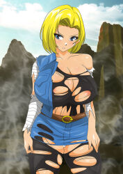 Rule 34 | 1girl, android 18, blonde hair, breasts, dragon ball, dragonball z, huge breasts, solo, stripeg, torn clothes