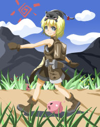 Rule 34 | 1girl, :3, animal, animal on head, black cat, blonde hair, blue eyes, blue sky, blush stickers, boots, bright pupils, brown footwear, brown gloves, brown shirt, brown shorts, cat, cat on head, cel shading, closed mouth, cloud, commentary request, day, full body, gloves, grass, highres, looking at viewer, looking to the side, medium bangs, nekoyume (byoumu), novice (ragnarok online), on head, outdoors, path, poring, ragnarok masters, ragnarok online, road, shirt, short hair, shorts, sky, sleeveless, sleeveless shirt, slime (creature), smile, sparkle, sun symbol, walking, white pupils