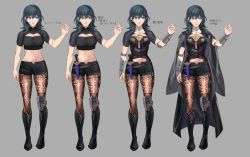 Rule 34 | 1girl, armor, ashiwara yuu, black shorts, blue eyes, blue hair, breasts, brown pantyhose, byleth (female) (fire emblem), byleth (fire emblem), cleavage, closed mouth, clothing cutout, dagger, fire emblem, fire emblem: three houses, grey background, hair between eyes, highres, knife, lace, lace-trimmed legwear, lace trim, medium hair, multiple views, navel, navel cutout, nintendo, pantyhose, pantyhose under shorts, sheath, sheathed, short shorts, shorts, simple background, weapon