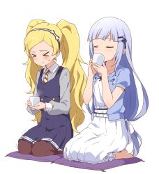 Rule 34 | &gt; &lt;, 2girls, barefoot, blonde hair, blue dress, blue hair, blue shirt, blush, bow, breasts, brown necktie, brown pantyhose, buchi (y0u0ri ), closed eyes, collarbone, cup, cushion, dot nose, dress, drinking, emily stewart, floral print, full body, grey shirt, hair bow, hair ornament, hair ribbon, hairband, hairclip, hands up, highres, holding, holding cup, idolmaster, idolmaster million live!, idolmaster million live! theater days, light blue hair, long hair, long sleeves, low-tied long hair, medium breasts, motion lines, multiple girls, necktie, open clothes, open shirt, pantyhose, print shirt, purple eyes, ribbon, seiza, shiraishi tsumugi, shirt, short sleeves, simple background, sitting, sleeveless, sleeveless dress, striped necktie, sweatdrop, twintails, very long hair, white background, white dress, white hairband, white ribbon, yunomi, zabuton