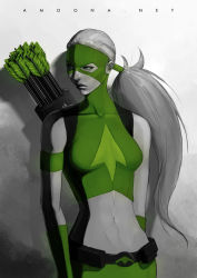 Rule 34 | 1girl, amoona, arrow (projectile), artemis crock, artist name, belt, dark skin, dark-skinned female, dc comics, female focus, gloves, grey background, long hair, low ponytail, mask, midriff, navel, ponytail, quiver, solo, spot color, upper body, vambraces, very long hair, young justice, young justice: invasion