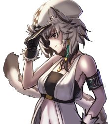 Rule 34 | 1girl, animal ear fluff, animal ears, arknights, armband, armpits, bandeau, bare shoulders, black bandeau, black gloves, black legwear, breasts, cabbie hat, chagara, checkered clothes, checkered headwear, cliffheart (arknights), closed mouth, collarbone, colored tips, commentary, from side, gloves, hair between eyes, hand up, hat, highres, jewelry, leopard ears, leopard girl, leopard tail, midriff, multicolored hair, navel, necklace, profile, purple eyes, shirt, short hair, sidelocks, simple background, sleeveless duster, smile, solo, standing, streaked hair, tail, underbust, upper body, white background, white shirt