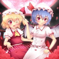 Rule 34 | 2girls, album cover, ascot, bat wings, blonde hair, blue hair, blush, cover, dress, dress tug, fang, flandre scarlet, flower, hat, hat ribbon, holographic interface, holographic keyboard, instrument, kane-neko, keyboard (instrument), looking at viewer, mob cap, moon, multiple girls, night, one eye closed, open mouth, petals, pink dress, pink eyes, playing instrument, puffy sleeves, red moon, red rose, remilia scarlet, ribbon, rose, sash, shirt, short sleeves, siblings, sisters, skirt, skirt set, sky, smile, stick, touhou, vest, wings, wink, wrist cuffs