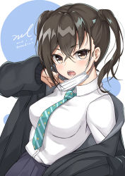 Rule 34 | 1girl, :o, aqua necktie, black jacket, black skirt, blush, breasts, brown eyes, brown hair, collared shirt, dated, hair between eyes, hand up, idolmaster, idolmaster cinderella girls, jacket, long hair, long sleeves, looking at viewer, mask, mask pull, medium breasts, mole, mole under eye, mouth mask, necktie, off shoulder, open clothes, open jacket, open mouth, sharp teeth, shirt, shirt tucked in, sidelocks, signature, skirt, sleeves past wrists, solo, striped necktie, striped neckwear, sunazuka akira, surgical mask, teeth, twintails, twitter username, unel, upper body, white shirt