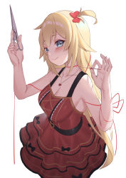 Rule 34 | 1girl, absurdres, akai haato, akai haato (gothic lolita), bad id, bad pixiv id, bare arms, bare shoulders, belt, black belt, black bow, blonde hair, blood, blue eyes, blush, bow, breasts, collarbone, commentary, dress, from side, hair ornament, hands up, heart, heart hair ornament, highres, holding, hololive, jmao, large breasts, layered dress, long hair, looking at viewer, needle, one side up, open mouth, red dress, red ribbon, ribbon, scissors, sleeveless, sleeveless dress, smile, solo, virtual youtuber, white background