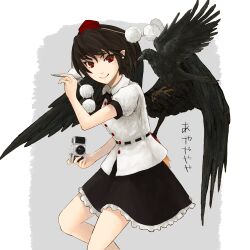 Rule 34 | 1girl, beato2528, belt, bird, bird wings, black belt, black bird, black hair, black skirt, black wings, border, breasts, buttons, camera, collared shirt, crow, feathered wings, frilled skirt, frills, hat, holding, holding camera, holding pencil, miniskirt, pencil, pointy ears, pom pom (clothes), puffy short sleeves, puffy sleeves, red eyes, red hat, shameimaru aya, shirt, short hair, short sleeves, skirt, small breasts, solo, tokin hat, touhou, white border, white shirt, wings