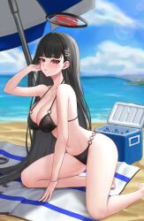 Rule 34 | 1girl, absurdres, beach, beach towel, beach umbrella, bikini, black bikini, black hair, blue archive, blue sky, blunt bangs, bracelet, breasts, bright pupils, cloud, cooler, day, foot out of frame, halo, highres, ilbanseomin, jewelry, large breasts, lens flare, looking at viewer, navel, ocean, outdoors, red eyes, rio (blue archive), sky, solo, stomach, strap gap, swimsuit, thighs, towel, umbrella