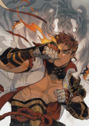 Rule 34 | 1boy, armor, bandaged hand, bandages, belt, brown hair, cape, cape lift, clenched hands, collar, collared cape, fantasy, feet out of frame, fighting stance, fire, flaming hand, gauntlets, juanmao, looking at viewer, male focus, mature male, muscular, muscular male, no shirt, one eye covered, orange eyes, original, short hair, shoulder armor, shoulder pads, solo, tiger, torn clothes, upper body