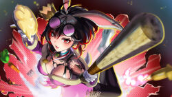 Rule 34 | 1girl, animal ears, antenna hair, baseball bat, black hair, black thighhighs, blue collar, breasts, carrot, character request, chest tattoo, cleavage, collar, colored tips, commission, crown, dress, earrings, eyewear on head, fangs, glasses, gloves, highres, holding, holding baseball bat, jewelry, medal, medium breasts, mini crown, mole, mole on breast, mole under eye, multicolored hair, o-ring, open mouth, pink dress, polka dot, rabbit ears, red eyes, red hair, shoulder tattoo, solo, tattoo, thighhighs, virtual youtuber, vrchat, white gloves, yuarima2