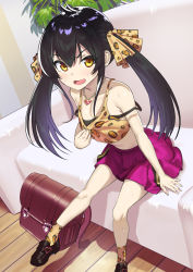 Rule 34 | 1girl, animal print, bare shoulders, black hair, blush, breasts, collarbone, couch, heart, heart necklace, highres, idolmaster, idolmaster cinderella girls, jewelry, legs, leopard print, long hair, looking at viewer, matoba risa, muunyan (yumenekoya), necklace, open mouth, pink skirt, print camisole, print ribbon, ribbon, sitting, skirt, small breasts, solo, twintails, yellow eyes