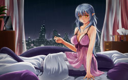 Rule 34 | 1girl, bare shoulders, bed, bed sheet, breasts, city, cleavage, cotton swab, highres, lamia, large breasts, lingerie, long hair, looking at viewer, midnight (banyex), mimikaki, monster girl, monster girl encyclopedia, negligee, night, night sky, on bed, original, pillow, pointy ears, see-through, sitting, sky, smile, solo, tail, underwear, window, yellow eyes