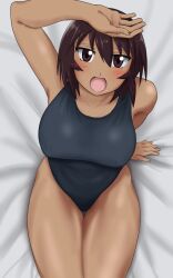 Rule 34 | 1girl, :d, arm support, azumanga daiou, bed sheet, black one-piece swimsuit, blush, breasts, brown eyes, brown hair, code null, collarbone, commentary, commission, cowboy shot, dark-skinned female, dark skin, from above, hand on own head, hand up, highleg, highleg swimsuit, kagura (azumanga daioh), large breasts, leaning back, looking at viewer, looking up, new school swimsuit, on bed, one-piece swimsuit, open mouth, school swimsuit, shading eyes, short hair, sitting, skeb commission, smile, solo, swimsuit, tan, thigh gap, thighs