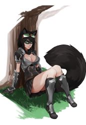 Rule 34 | 1girl, animal ears, armor, bandit (cathare-saurus), black hair, black skirt, boots, breasts, bunny and fox world, cleavage, domino mask, gloves, goggles, goggles on head, grass, greaves, green eyes, highres, knee boots, large breasts, less, looking at viewer, mask, on ground, original, pauldrons, raccoon ears, raccoon tail, shoulder armor, sitting, skirt, solo, tail, thighs, tree, vambraces