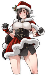 Rule 34 | 1girl, black hair, butcha-u, capelet, christmas, corset, cropped legs, dress, final fantasy, final fantasy vii, final fantasy vii ever crisis, fur-trimmed capelet, fur-trimmed gloves, fur-trimmed headwear, fur-trimmed skirt, fur trim, gloves, hair ornament, hat, highres, holly hat ornament, long hair, low-tied long hair, official alternate costume, pom pom (clothes), pom pom hair ornament, red capelet, red eyes, santa costume, santa dress, santa hat, simple background, skirt, sleeveless, sleeveless turtleneck, smile, solo, sweater, tifa lockhart, tifa lockhart (fairy of the holy flame), turtleneck, turtleneck sweater, white background