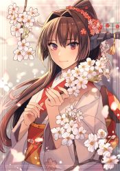 Rule 34 | 1girl, alternate costume, brown hair, cherry blossoms, closed mouth, floral print, flower, hair intakes, headgear, highres, holding, holding flower, japanese clothes, kantai collection, kasumi (skchkko), kimono, long hair, looking at viewer, obi, pink kimono, ponytail, purple eyes, red sash, sash, sidelocks, smile, solo, upper body, very long hair, wide sleeves, yamato (kancolle)