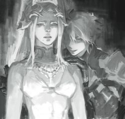 Rule 34 | 2girls, armor, bare shoulders, bikini, bikini top only, collar, commentary, evil smile, final fantasy, final fantasy xiv, gloves, greyscale, hand on another&#039;s shoulder, headpiece, highres, jewelry, long hair, looking ahead, looking at another, misija votyasch, mole, mole under mouth, monochrome, multiple girls, necklace, parted lips, pauldrons, poriaflgilake, queen gunnhildr, roegadyn, shaded face, short hair, shoulder armor, sketch, smile, square enix, swimsuit, upper body, v-shaped eyebrows