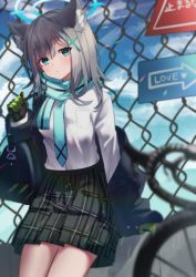 Rule 34 | 1girl, absurdres, animal ear fluff, bag, black skirt, blue archive, blue jacket, blurry, blurry foreground, blush, breasts, chain-link fence, closed mouth, cloud, cowboy shot, cross hair ornament, duffel bag, e buki, fence, gloves, green eyes, green gloves, grey hair, hair ornament, halo, highres, jacket, long hair, long sleeves, looking at viewer, off shoulder, outdoors, pleated skirt, scarf, shiroko (blue archive), shiroko (cycling) (blue archive), shirt, shirt tucked in, sign, sitting, skirt, small breasts, solo, white shirt