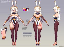 Rule 34 | 1girl, animal ears, ass, breasts, character sheet, cleavage, clickdraws, commentary, egyptian, egyptian clothes, english commentary, from behind, heterochromia, highres, huge ass, indie virtual youtuber, large breasts, leotard, mioshi (vtuber), playboy bunny, rabbit ears, self-upload, sideboob, thighhighs, thighs, virtual youtuber, white hair