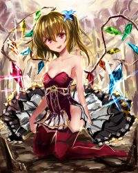 Rule 34 | 1girl, alternate costume, bare shoulders, blonde hair, crystal, dress, fangs, flandre scarlet, frills, hair ornament, kneeling, looking at viewer, moruchi (rinaka moruchi), no headwear, no headwear, no panties, open mouth, red eyes, red thighhighs, short dress, short hair, smile, solo, sparkle, strapless, strapless dress, thighhighs, touhou, wings, zettai ryouiki