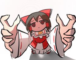Rule 34 | 1girl, bow, brown hair, closed mouth, commentary, english commentary, expressionless, foreshortening, frilled bow, frilled hair tubes, frills, full body, hair bow, hair tubes, hakurei reimu, highres, jitome, kaziedell, long sleeves, looking at viewer, medium hair, meme, outstretched arms, reaching, reaching towards viewer, red bow, red eyes, red shirt, red skirt, ribbon-trimmed sleeves, ribbon trim, shirt, simple background, skirt, solo, standing, touhou, white background, wide sleeves, your milkers look heavy ma&#039;am let me hold them (meme)