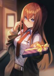 Rule 34 | 1girl, absurdres, averting eyes, belt, blue eyes, blush, box, box of chocolates, breast pocket, breasts, brown jacket, collared shirt, gift, gift wrapping, hair between eyes, hakusyokuto, hand up, highres, holding, holding gift, incoming gift, indoors, jacket, long hair, makise kurisu, necktie, off shoulder, pocket, pout, pov, red hair, red necktie, shirt, shirt tucked in, solo, steins;gate, tsundere, v-shaped eyebrows, valentine, very long hair, white shirt