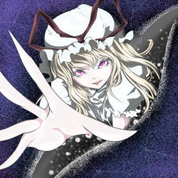 Rule 34 | 1girl, blonde hair, colored eyelashes, commentary request, crack, fourth wall, fuyuno (kiddyland), gap (touhou), hat, hat ribbon, lips, long fingers, looking at viewer, mob cap, open mouth, pale skin, pov, purple eyes, reaching, reaching towards viewer, ribbon, short sleeves, solo, static, touhou, yakumo yukari