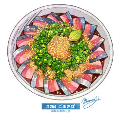 Rule 34 | bowl, fish, fish (food), food, food focus, food request, garlic, highres, mackerel (fish), meat, momiji mao, no humans, original, sashimi, signature, simple background, soy sauce, spring onion, still life, translation request, vegetable, wasabi, white background