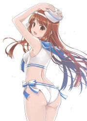 Rule 34 | 1girl, ass, blush, breasts, brown eyes, brown hair, cowboy shot, from behind, hairband, hat, idolmaster, idolmaster million live!, long hair, looking at viewer, looking back, open mouth, sailor bikini, sailor collar, sailor hat, sailor swimsuit (idolmaster), skywaker, small breasts, solo, standing, tanaka kotoha, white background, wind