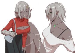 Rule 34 | 1girl, absurdres, arm markings, armor, bag, black dress, breasts, closed mouth, commentary, dark-skinned female, dark elf, dark skin, dress, elf, english commentary, gauntlets, green eyes, grey hair, hair ornament, hairclip, handbag, highres, jewelry, large breasts, mawaridi, meme attire, necklace, open-chest sweater, open mouth, original, pointy ears, shirt, short hair, simple background, single gauntlet, smile, solo, sweater, white background, white shirt, yvonne (mawaridi)
