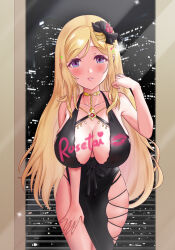 Rule 34 | 1girl, absurdres, aki rosenthal, ar-khey, bare shoulders, black dress, blonde hair, blush, breasts, center opening, city, collarbone, cross-laced slit, dress, gown, hair ornament, halter dress, halterneck, hand on own thigh, highres, hololive, jewelry, large breasts, lipstick writing, long hair, looking at viewer, mirror, necklace, night, parted bangs, parted lips, plunging neckline, purple eyes, side slit, skindentation, solo, very long hair, virtual youtuber