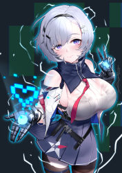 Rule 34 | 1girl, asymmetrical legwear, au11, azur lane, bare shoulders, black hairband, blue collar, blue skirt, breasts, closed mouth, collar, cowboy shot, detached collar, detached sleeves, hair between eyes, hair ornament, hairband, hairclip, highres, large breasts, metal gloves, miniskirt, multiple straps, outstretched hand, pantyhose, parted hair, pink lips, pleated skirt, purple eyes, red neckwear, reno (azur lane), shirt, short hair, silver hair, skirt, sleeveless, sleeveless shirt, smile, strap, thigh strap, thighhighs, underbust, uneven legwear, v