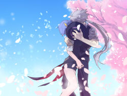 Rule 34 | 1boy, 1girl, blue hair, cherry blossoms, commentary request, covering face, day, grey hair, hand on another&#039;s shoulder, hat, hetero, highres, holding, holding clothes, holding hat, inkamuko, kiss, kura sushi, long hair, outdoors, short hair, shotarori sushi, waruiman