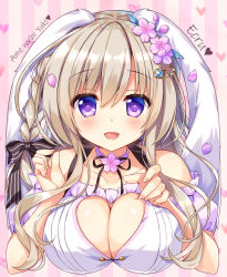 Rule 34 | 1girl, :d, ameto yuki, animal ears, artist name, bare shoulders, black bow, blush, bow, braid, breasts, character name, cherry blossoms, cleavage, cleavage cutout, clothing cutout, commentary request, detached sleeves, ecru (ameto yuki), flower, hair between eyes, hair bow, hair flower, hair ornament, hairclip, heart, heart cutout, large breasts, light brown hair, long hair, looking at viewer, off-shoulder shirt, off shoulder, open mouth, original, petals, pink flower, puffy short sleeves, puffy sleeves, purple eyes, purple sleeves, rabbit ears, shirt, short sleeves, side braid, single braid, smile, solo, striped, striped background, striped bow, vertical stripes, white shirt