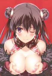 Rule 34 | 1girl, absurdres, bare shoulders, black hair, blush, breast hold, breasts, breasts out, closed mouth, double bun, feather trim, hair bun, highres, large breasts, lips, long hair, looking at viewer, misaki kurehito, nipples, one eye closed, red background, scan, simple background, sleeveless, smile, solo, twintails, upper body