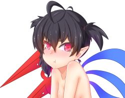 Rule 34 | &gt;:t, 1girl, :t, alternate hairstyle, asymmetrical wings, black hair, blush, breasts, hair between eyes, houjuu nue, long hair, nude, nuenya, pointy ears, pout, red eyes, short twintails, solo, touhou, twintails, upper body, v-shaped eyebrows, white background, wings